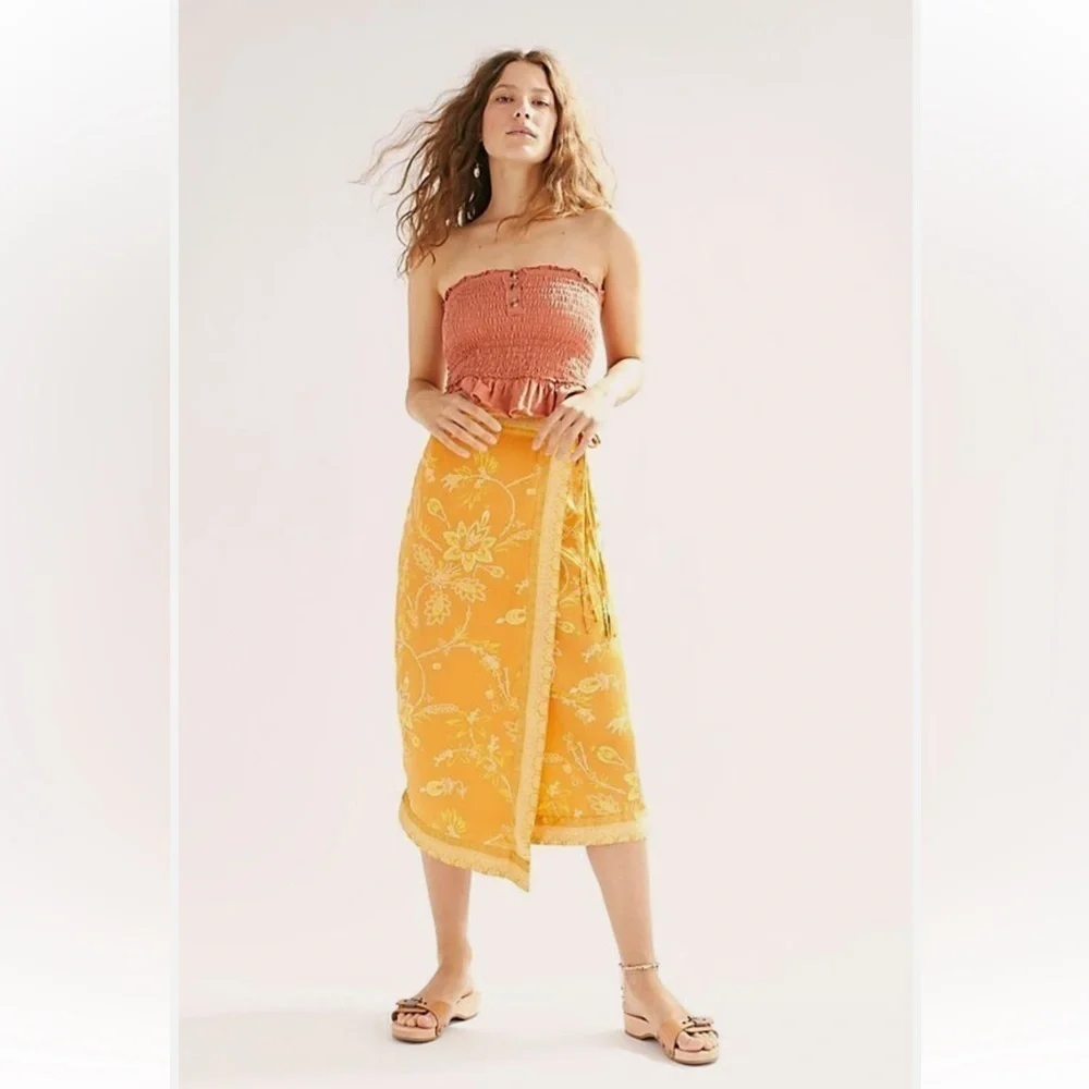 NWT $128 FREE PEOPLE Sz 0 Yasmin Border Print Wrap Midi Skirt In Orange Nectar
